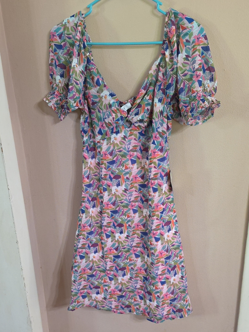 NSR Floral Puff-Sleeve Mini Dress in Pink, Green, Blue